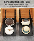 Heavy Duty Slide Out Cabinet Organizer Full Extension Roll Out Shelf With Super Smooth Glide And No Fuss Nano Tape Under Sink Pantry Storage For Kitchen And Bathroom Black, showcasing pots and plates in a slide-out shelf.