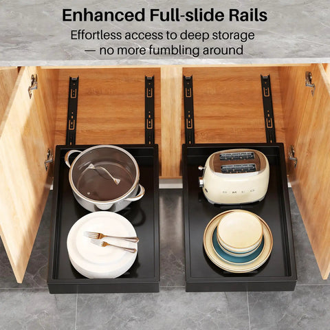 Heavy Duty Slide Out Cabinet Organizer Full Extension Roll Out Shelf With Super Smooth Glide And No Fuss Nano Tape Under Sink Pantry Storage For Kitchen And Bathroom Black, showcasing pots and plates in a slide-out shelf.