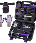 General Household Tool Set For Women And DIYers With A Purple Hand Tool Kit, waist pouch, gloves, and various tools for home repairs.