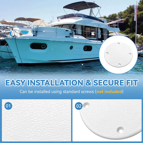 Slick Marine Deck Patch Round Access Hole Cover 4-1/8 Inch on a boat, easy to install with standard screws, waterproof fit.