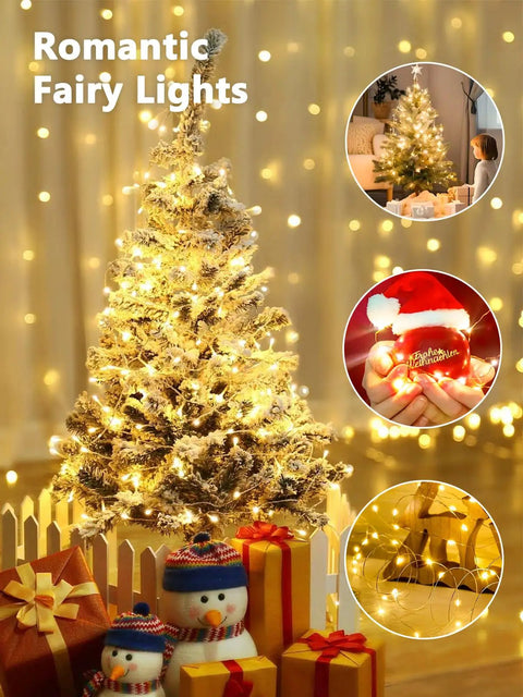Decorated Christmas tree with snowman figures using 78Ft 240 LED Fairy Lights Battery Operated, cozy indoor scene with gifts.