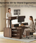 Premium 63 Inch Electric Height Adjustable Standing Desk With Four Drawer Filing Cabinet Built In Monitor Platform Smooth Glide Motor No Sweat Assembly Top Tier Workspace Gear For Busy Pros, showcasing ergonomic use.