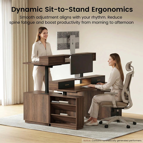 Premium 63 Inch Electric Height Adjustable Standing Desk With Four Drawer Filing Cabinet Built In Monitor Platform Smooth Glide Motor No Sweat Assembly Top Tier Workspace Gear For Busy Pros, showcasing ergonomic use.