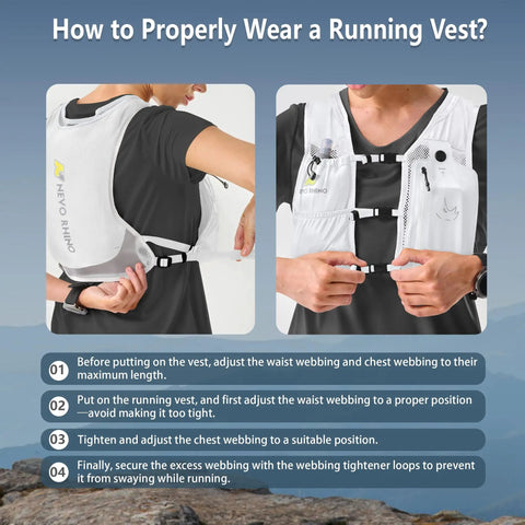 Instructions showing how to wear Lightweight Hydration Vest With 350 ML TPU Soft Bottle For Running Hiking And Cycling Adjustable Hands Free Water Pack With Waterproof Phone Pocket For Women And Men.