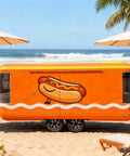 Kickstart Your Street Food Hustle With This Commercial Grade Mobile Food Truck Trailer equipped with a hot dog design on an orange exterior.