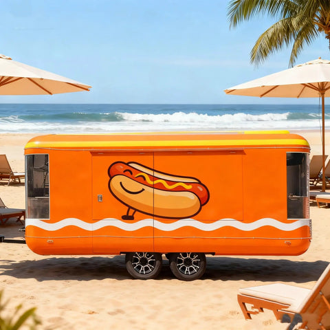 Kickstart Your Street Food Hustle With This Commercial Grade Mobile Food Truck Trailer equipped with a hot dog design on an orange exterior.
