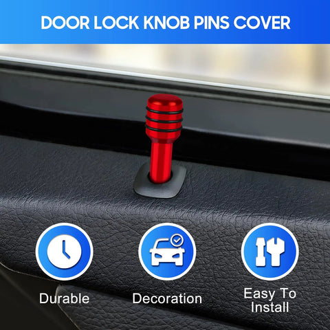 4 Piece Red Aluminum Alloy Car Door Lock Knobs, Interior Pull Pin Covers, Decorative Lift Bolts, Universal Cars And Trucks Hardware, No Sweat Swap For Dope Sleek Ride Bling installed in car door.
