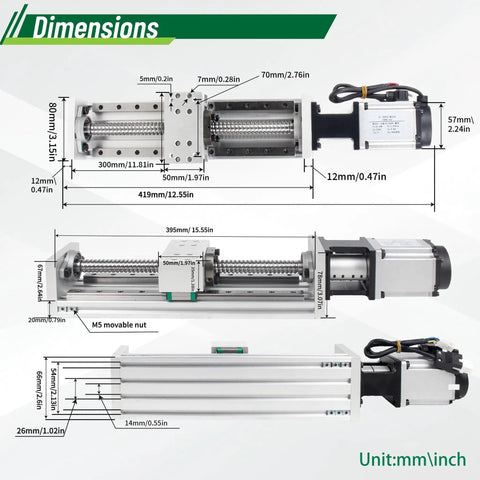 Badass Heavy Duty Cnc Linear Stage Actuator With 400W 220V Servo Motor And Driver Xyz Axis Slide Table 300Mm Stroke Rail Guide dimensions diagram