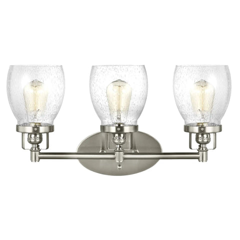 Belton Three Light Wall Bath Vanity Fixture in Brushed Nickel with seeded glass shades, modern lighting for bathrooms and hallways