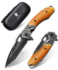 Damascus Pocket Knife 76-Layer Blade VG-10 Core Folding Knife For Camping And Outdoor Adventures, open with decorated handle