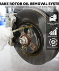 Gloved hand using 6L Pneumatic Oil Extractor Pump For Auto Maintenance on brake rotor with indicators for oil removal benefits.
