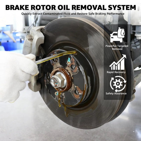 Gloved hand using 6L Pneumatic Oil Extractor Pump For Auto Maintenance on brake rotor with indicators for oil removal benefits.