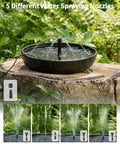 Sun Powered Pond Filter With Fountain Pump Kit 4W Solar Water Pump Nozzles And PVC Tubing For Bird Bath Water Garden Fish Tank And Cool Backyard Decor showcasing five spray nozzles on a tree stump.