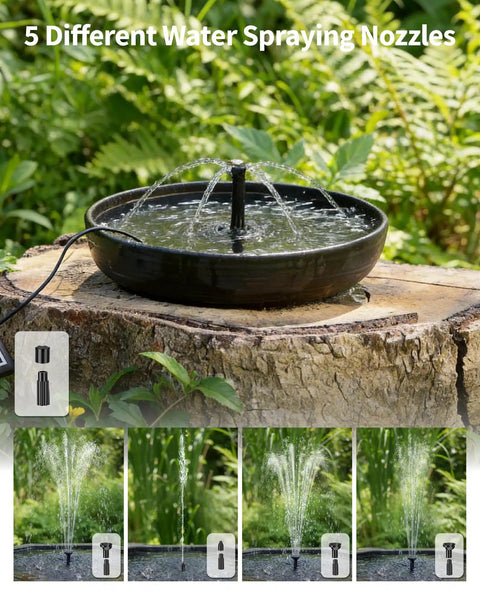 Sun Powered Pond Filter With Fountain Pump Kit 4W Solar Water Pump Nozzles And PVC Tubing For Bird Bath Water Garden Fish Tank And Cool Backyard Decor showcasing five spray nozzles on a tree stump.