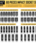 Beefy Quarter Inch Drive Impact Socket Set With Sixty Pieces For SAE And Metric Deep And Shallow Sockets, E Torx, And Accessories