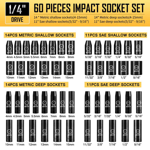 Beefy Quarter Inch Drive Impact Socket Set With Sixty Pieces For SAE And Metric Deep And Shallow Sockets, E Torx, And Accessories