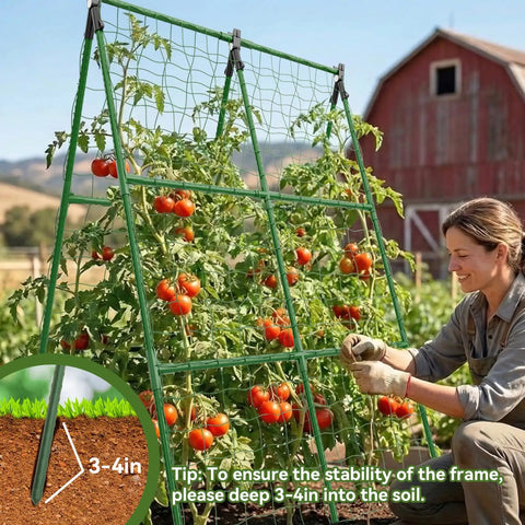 Gardener using Two Pack 34 By 48 Inch A Frame Garden Trellis For Climbing Plants Outdoor Perfect For Raised Beds Supports Tomatoes