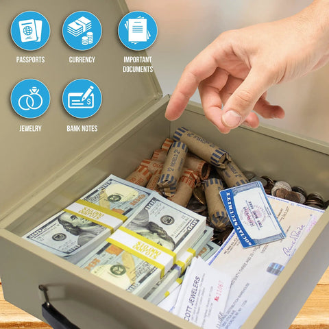Fireproof Steel Security Chest With Lock And Keys Heavy Duty Safe Box For Your Docs And Valuables Tested To 750 F Exterior 14.5 By 11 By 4 Inches Interior Fits 9 By 12 Docs And Passport