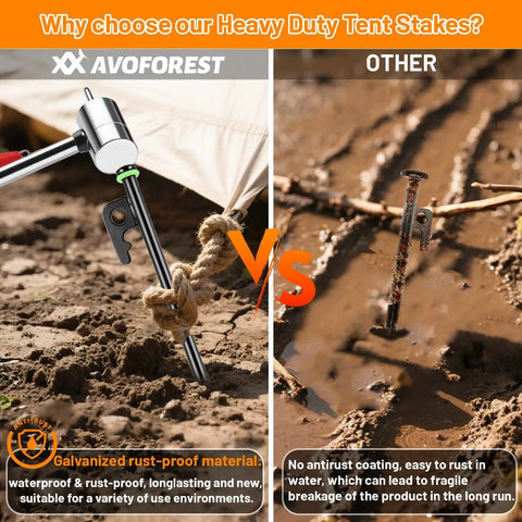 Comparison of Heavy Duty 8 Inch Tent Stakes Set with Metal Pegs Fluorescent Silicone Rings and competitor in muddy ground