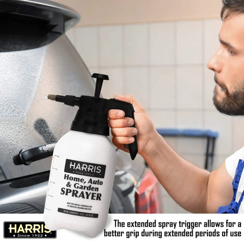 Man using Continuous Hand Pump Sprayer 1.5L for car detailing, featuring durable chemical-resistant build and adjustable nozzle.