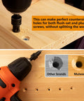 Woodworking Pro Grade Countersink Drill Bit Set 11 Piece with Adjustable Depth in use on wood surface, showing precise holes.