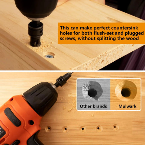 Woodworking Pro Grade Countersink Drill Bit Set 11 Piece with Adjustable Depth in use on wood surface, showing precise holes.