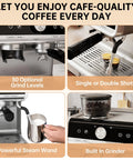 Professional Twenty Bar Espresso Machine With Integrated Grinder And PID Temperature Control brews espresso with 30 grind levels and steam wand.