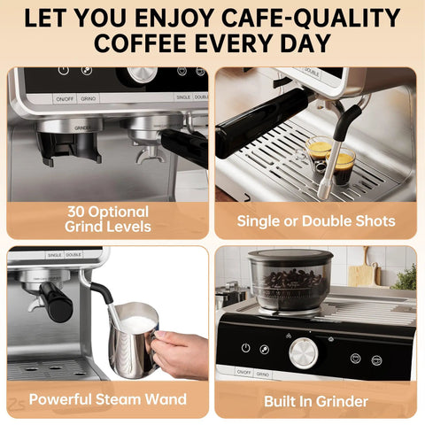Professional Twenty Bar Espresso Machine With Integrated Grinder And PID Temperature Control brews espresso with 30 grind levels and steam wand.