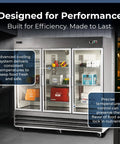 Commercial 3 Glass Door Refrigerator Boasting A Massive 72 Cubic Foot Layout Built From Premium Stainless Steel with food stored inside.