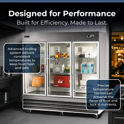 Commercial 3 Glass Door Refrigerator Boasting A Massive 72 Cubic Foot Layout Built From Premium Stainless Steel with food stored inside.
