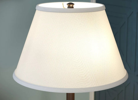 Spyglass Table Lamp With Bronze Finish, Dual Pull Chains, White Linen Shade, Retro Modern Luxe Vibe, Classic Mid Century Style, top close-up