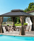 10x12 Hardtop Gazebo With Gutters And Galvanized Double Roof For Year-Round Outdoor Living on backyard deck, with curtains and netting