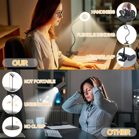 Comparison of Clip On Led Desk Light With 48 LEDs and standard lamp, showing flexibility, portability, and metal clamp features.