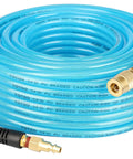 Reinforced Polyurethane Air Hose 1/4 In Inner Diameter By 100 Ft Long, Flexible Built Tough Heavy Duty Air Compressor Hose With Bend Restrictor, 1/4 In Swivel Quick Coupler And Plug, Blue