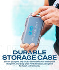 Person holding a durable storage case for All In One Pool And Spa Water Test Kit With AI Powered App No Fuss Thick Strips