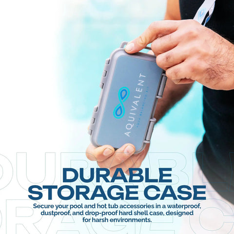 Person holding a durable storage case for All In One Pool And Spa Water Test Kit With AI Powered App No Fuss Thick Strips