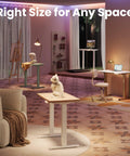 Compact 32 Inch Electric Standing Desk With Four Memory Height Settings For Home Office And Computer Workstation In Light Walnut Finish shown in a modern room with a cat on top.