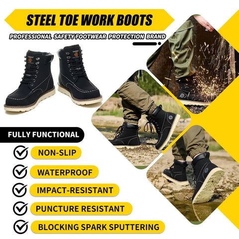 Rugged 6 Inch Moc Toe Steel Toe Work Boots For Men Waterproof Leather Slip Resistant Outsole And Safety Boots Built For Construction Jobs Durable Western Style Black Shoes For Tough Days US Size 9.5