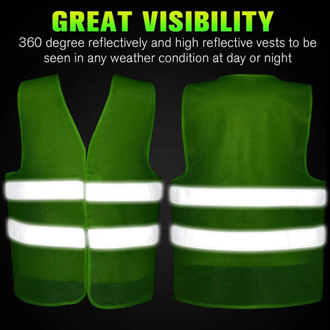 Front and back of green mesh reflective vests with dual strips for Bulk High Visibility Safety Vests For Construction And Outdoor Work.
