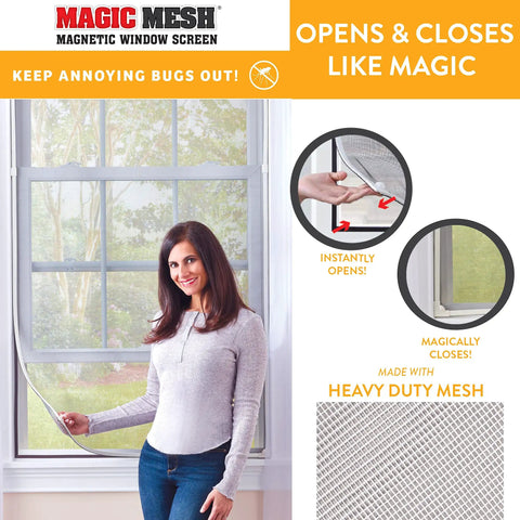 Magnetic Window Screen Kit For DIY Custom Fit See Through Mesh on window with woman demonstrating easy opening, fits 55x36 inches