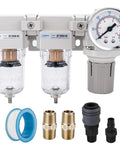 1/4 Inch NPT Air Drying System With Double Air Filters And Regulator, Semi Auto Drain, Poly Bowl, 5 Micron Brass Filters