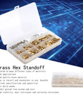 Hex Standoff Spacer Kit With 300 Pieces In Brass And Plated Iron, Multipurpose Mounting Pillars For Motherboard And Electronics DIY Projects, Workhorse Durability And Easy Install Fastener System. Open box with assorted brass and plated iron standoffs.