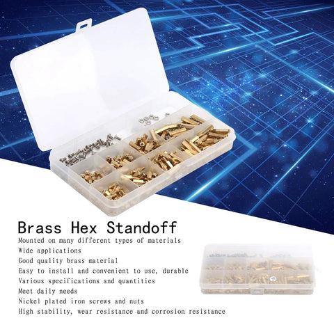 Hex Standoff Spacer Kit With 300 Pieces In Brass And Plated Iron, Multipurpose Mounting Pillars For Motherboard And Electronics DIY Projects, Workhorse Durability And Easy Install Fastener System. Open box with assorted brass and plated iron standoffs.