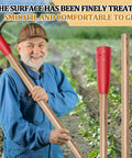 Farmer holding Two Pack 36 Inch Wooden Pickaxe Handles With Rubber End Replacement Mattock Clay Pick Handles for landscaping in field.