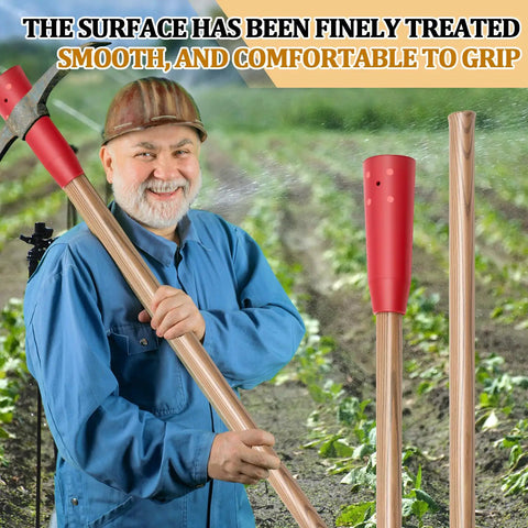 Farmer holding Two Pack 36 Inch Wooden Pickaxe Handles With Rubber End Replacement Mattock Clay Pick Handles for landscaping in field.
