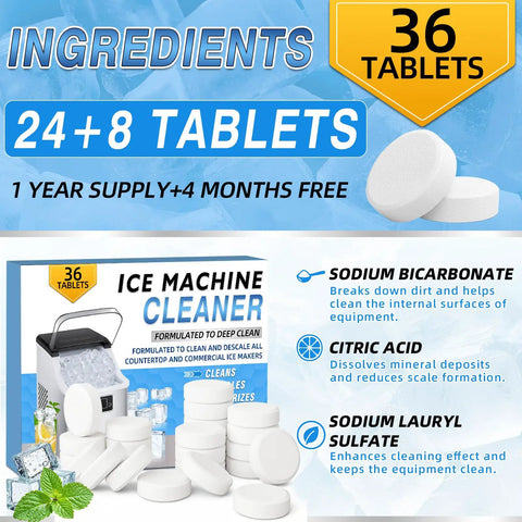 Ice Maker Cleaner Tablets Descaler 36 Pack For Portable Countertop And Nugget Ice Makers, Nickel Safe Scale Remover, Removes Limescale And Odor No Fuss, Delivers Crystal Clear Ice, 36 tablets box