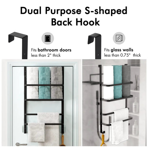 Over the Door Towel Rack for Bathroom Three Tier Behind Door with Hook Matte Black No Fuss Organizer on door with towels.