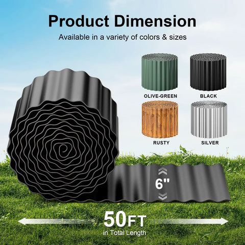 Heavy Duty Galvanized Garden Edge Border 6 Inch By 50 Foot Black Corrugated Lawn Edging, colors shown: black, olive-green, rusty, silver