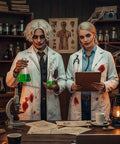 Two people in Halloween costumes wearing Three Piece Unisex Pro Lab Coat Set For Women And Men, with props in a lab setting.