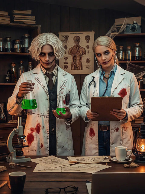 Two people in Halloween costumes wearing Three Piece Unisex Pro Lab Coat Set For Women And Men, with props in a lab setting.